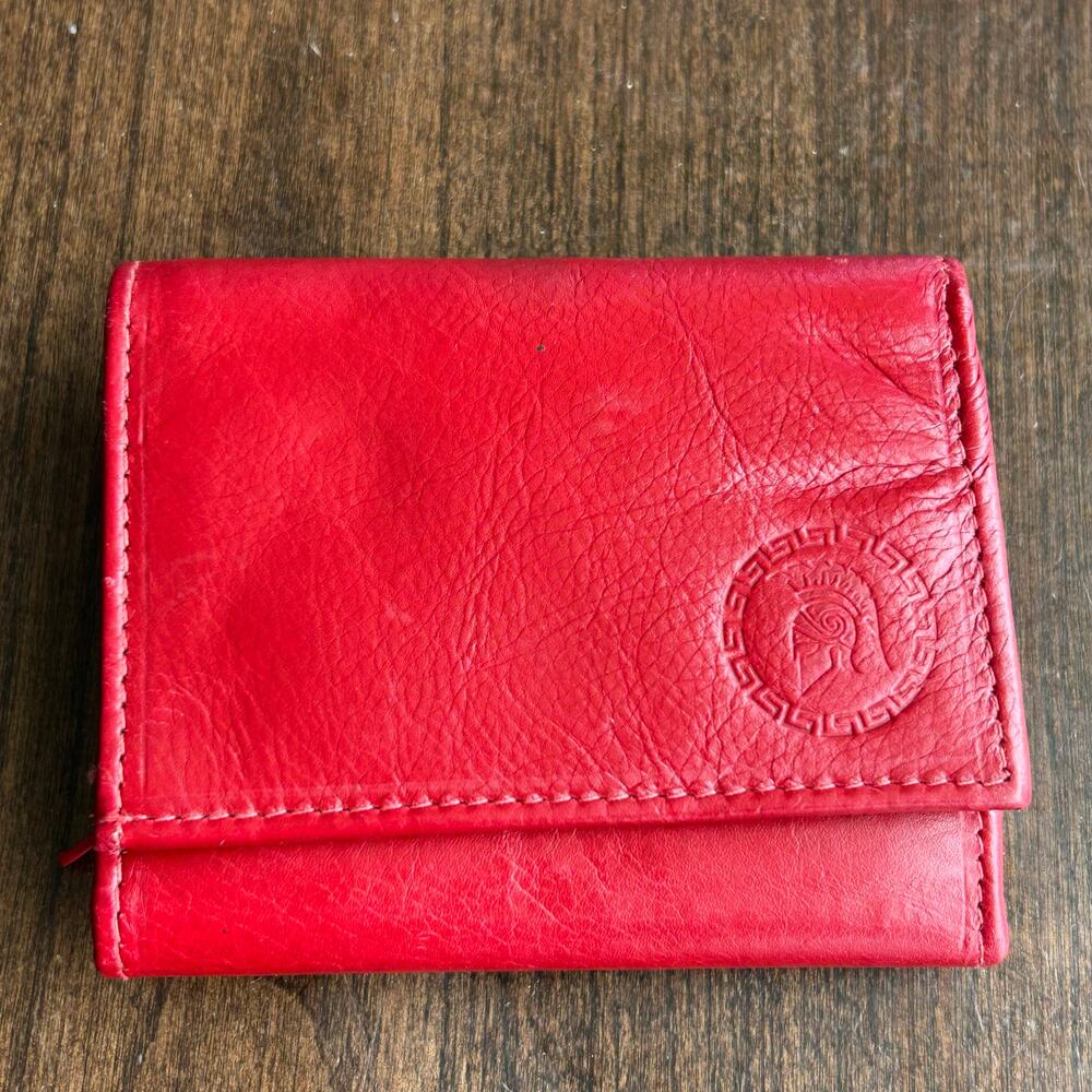 Vintage red leather trifold wallet embossed logo Spartan